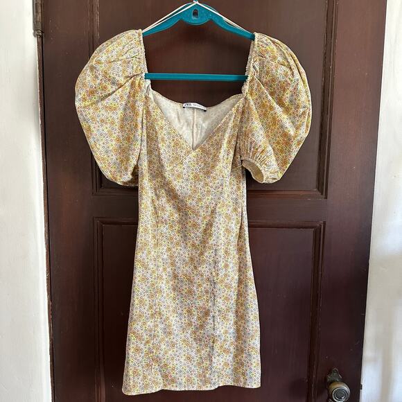 ZARA | Hammered Satin Pastel Floral Mini Dress with Puff Sleeves | Size Small - Picture 2 of 7